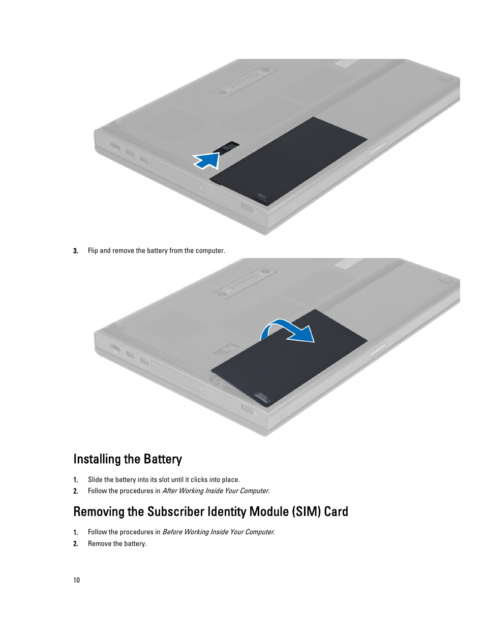 Installing the battery, Removing the subscriber identity module (sim) card | Dell Precision M6700 (Mid 2012) User Manual | Page 10 / 79