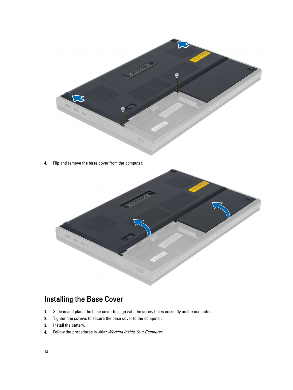 Installing the base cover | Dell Precision M6700 (Mid 2012) User Manual | Page 12 / 79