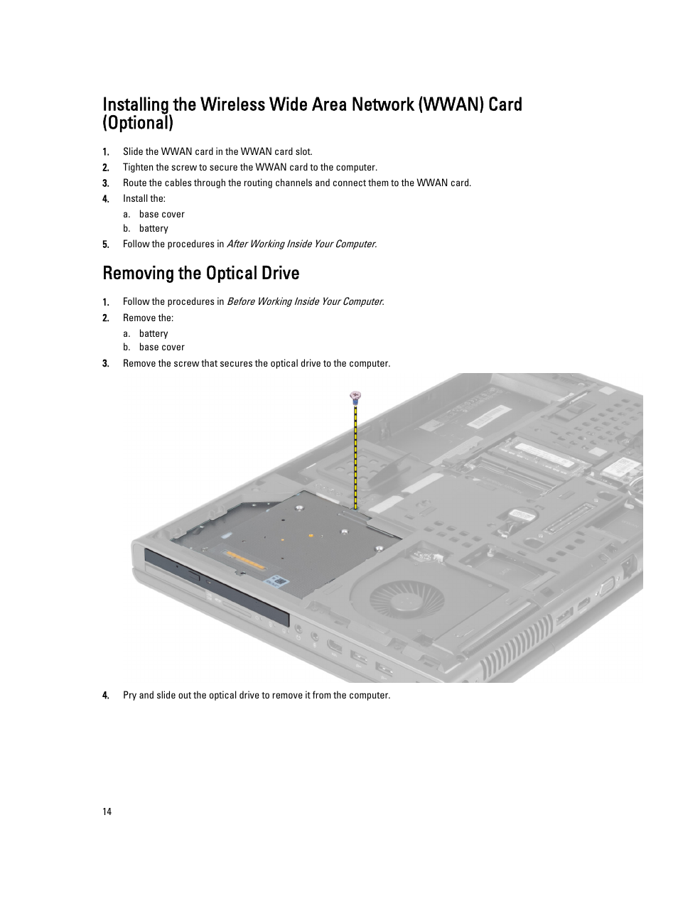 Removing the optical drive | Dell Precision M6700 (Mid 2012) User Manual | Page 14 / 79