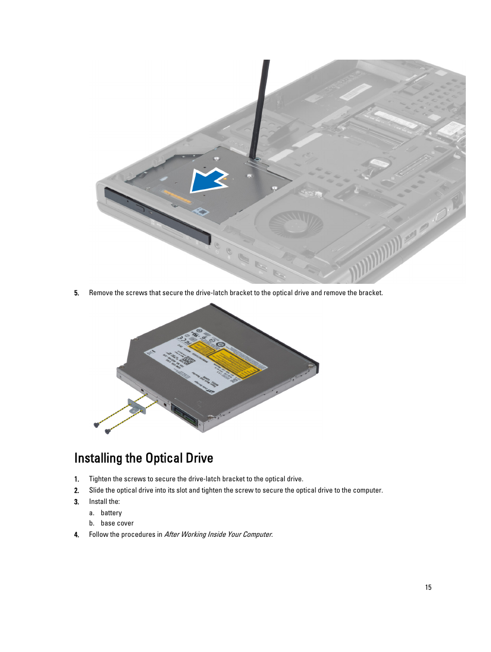 Installing the optical drive | Dell Precision M6700 (Mid 2012) User Manual | Page 15 / 79