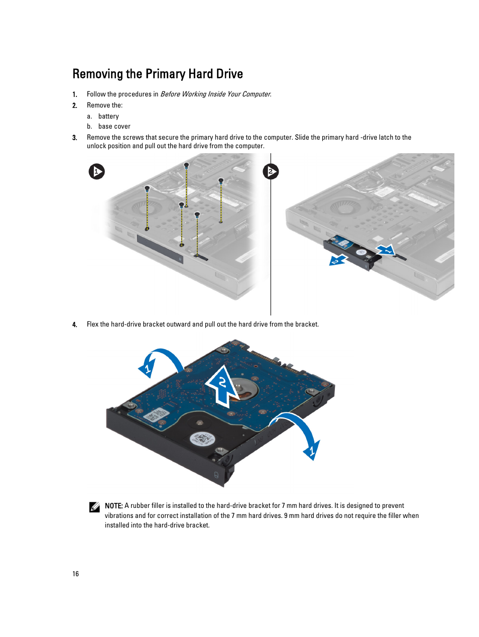 Removing the primary hard drive | Dell Precision M6700 (Mid 2012) User Manual | Page 16 / 79