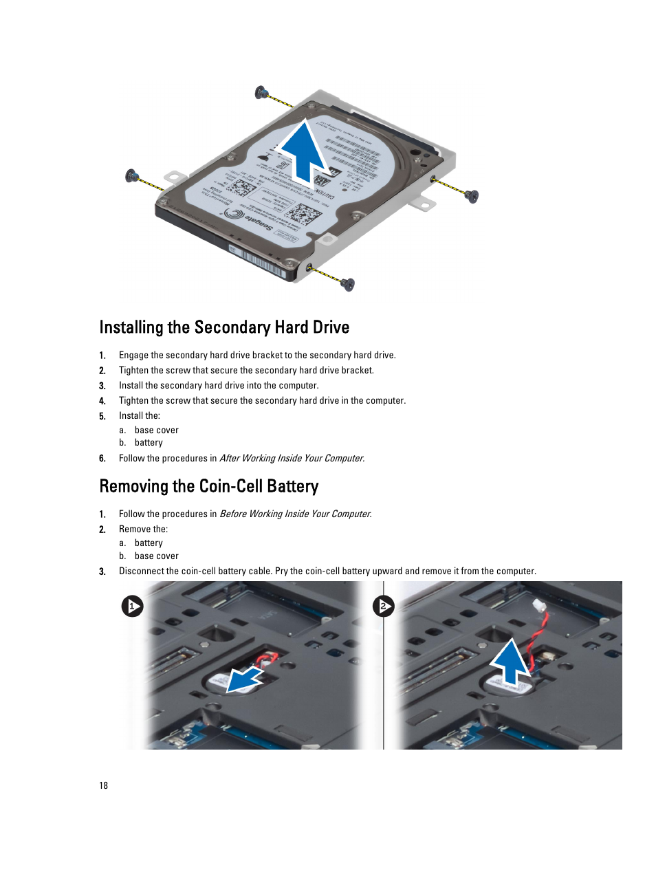 Installing the secondary hard drive, Removing the coin-cell battery | Dell Precision M6700 (Mid 2012) User Manual | Page 18 / 79