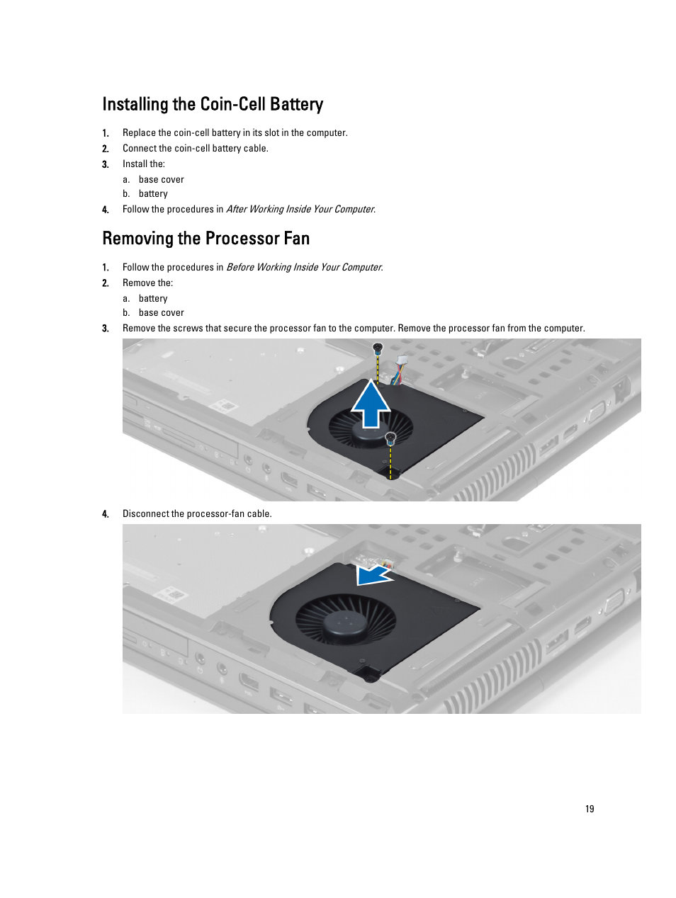 Installing the coin-cell battery, Removing the processor fan | Dell Precision M6700 (Mid 2012) User Manual | Page 19 / 79