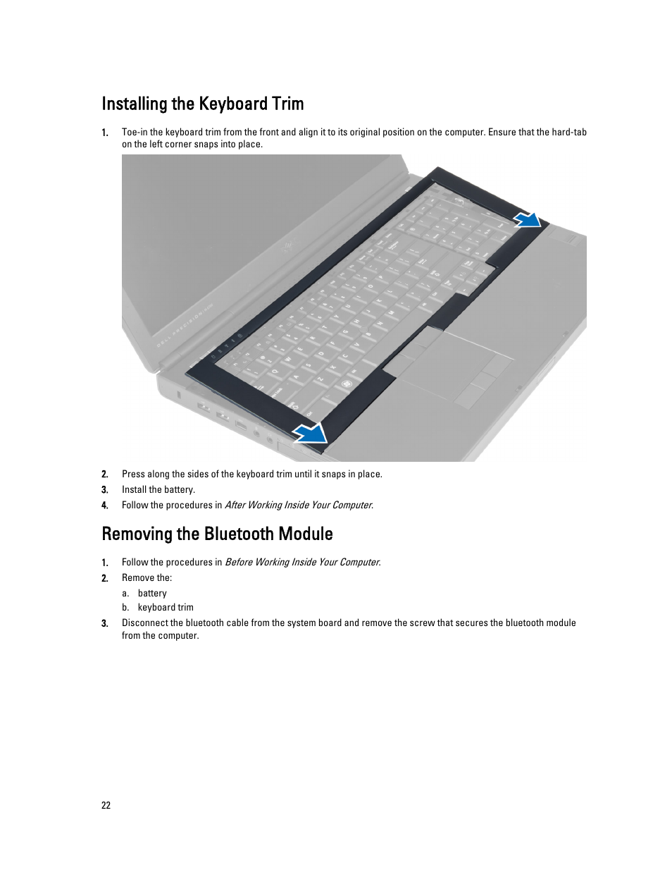 Installing the keyboard trim, Removing the bluetooth module | Dell Precision M6700 (Mid 2012) User Manual | Page 22 / 79