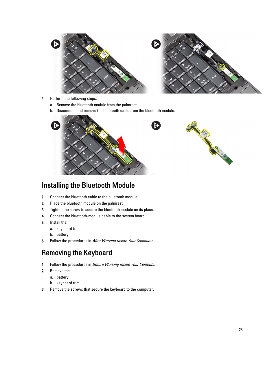 Installing the bluetooth module, Removing the keyboard | Dell Precision M6700 (Mid 2012) User Manual | Page 23 / 79