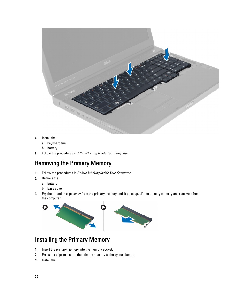 Removing the primary memory, Installing the primary memory | Dell Precision M6700 (Mid 2012) User Manual | Page 26 / 79