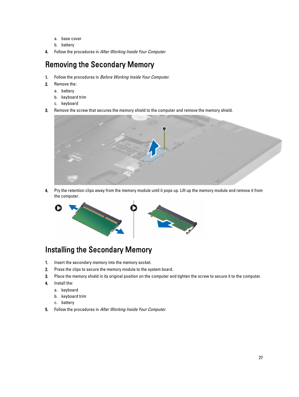 Removing the secondary memory, Installing the secondary memory | Dell Precision M6700 (Mid 2012) User Manual | Page 27 / 79