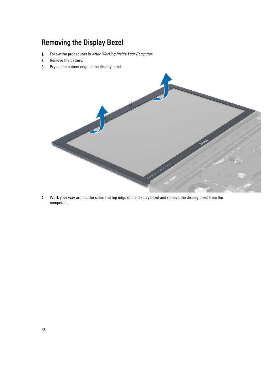 Removing the display bezel | Dell Precision M6700 (Mid 2012) User Manual | Page 28 / 79