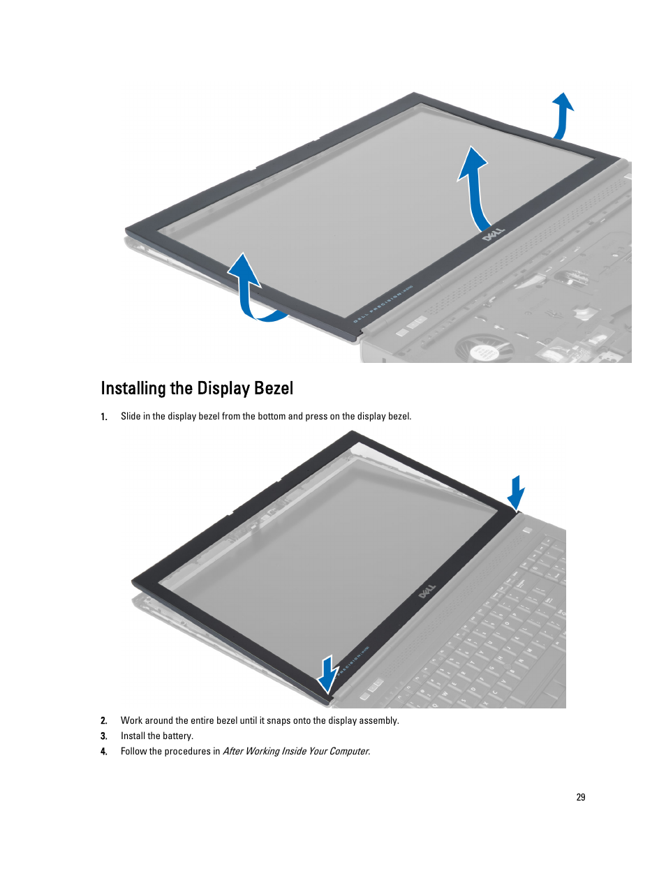 Installing the display bezel | Dell Precision M6700 (Mid 2012) User Manual | Page 29 / 79