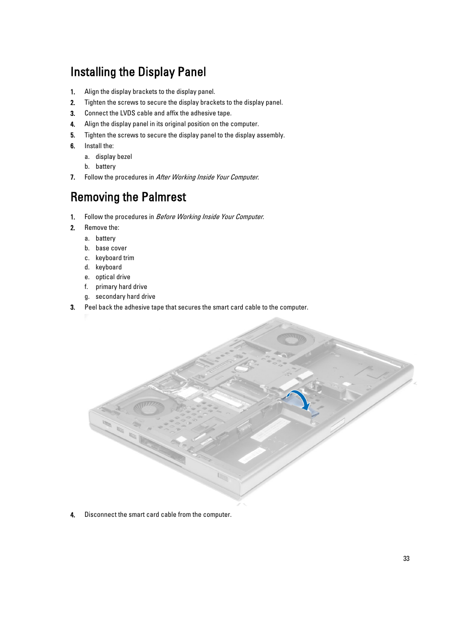 Installing the display panel, Removing the palmrest | Dell Precision M6700 (Mid 2012) User Manual | Page 33 / 79