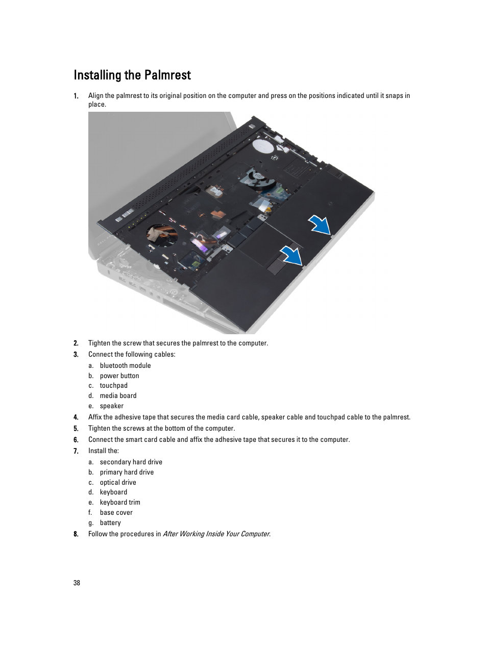 Installing the palmrest | Dell Precision M6700 (Mid 2012) User Manual | Page 38 / 79