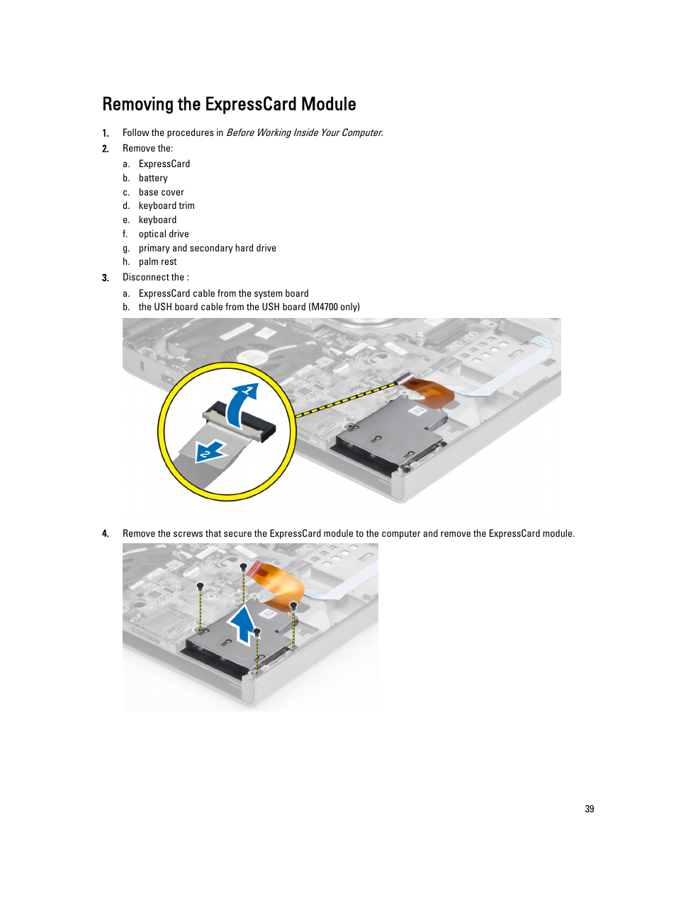 Removing the expresscard module | Dell Precision M6700 (Mid 2012) User Manual | Page 39 / 79