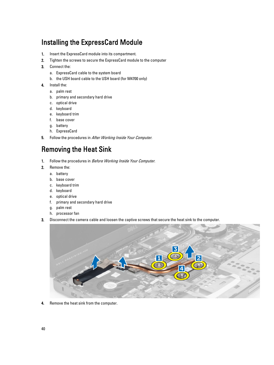 Installing the expresscard module, Removing the heat sink | Dell Precision M6700 (Mid 2012) User Manual | Page 40 / 79