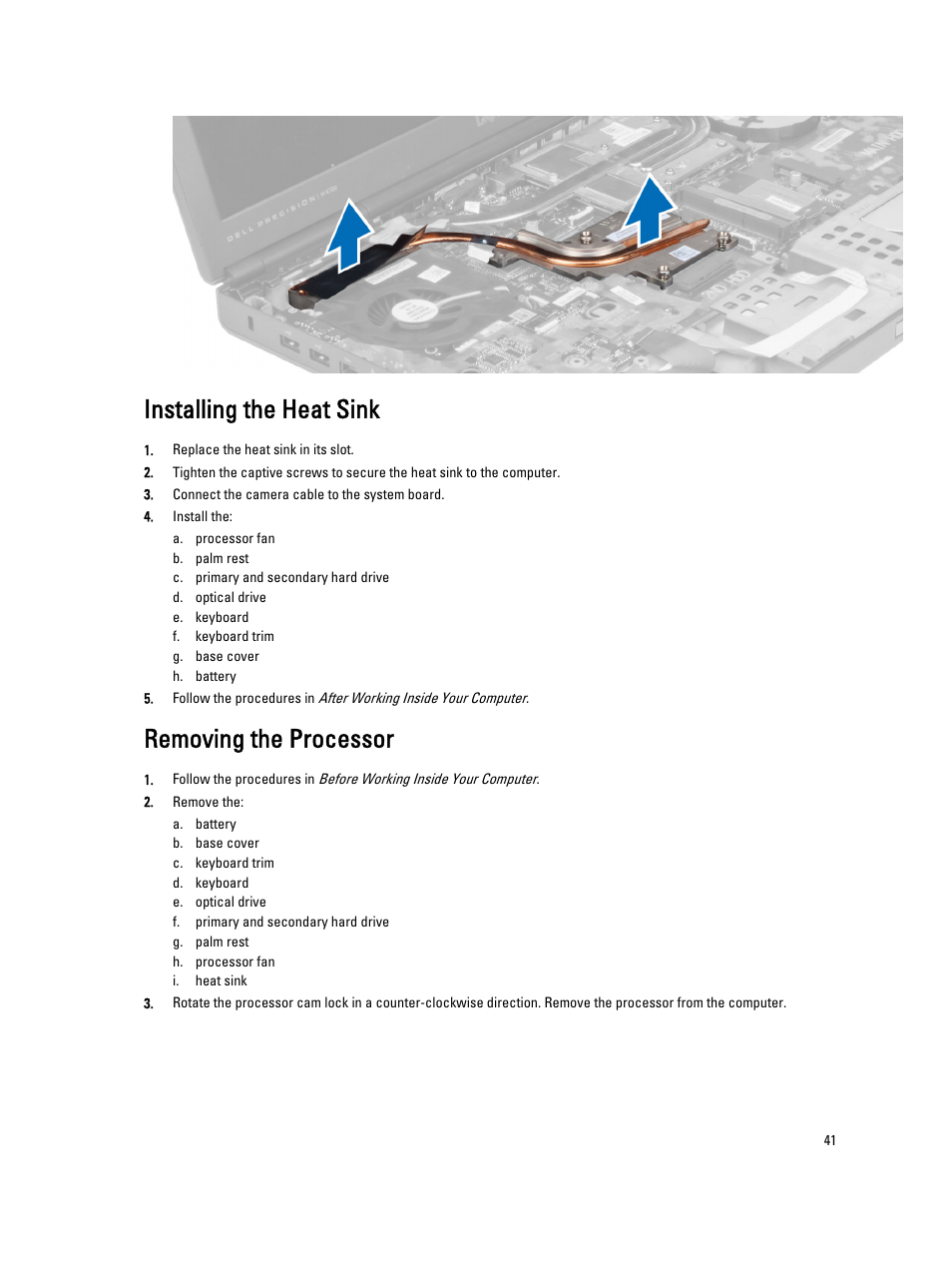 Installing the heat sink, Removing the processor | Dell Precision M6700 (Mid 2012) User Manual | Page 41 / 79