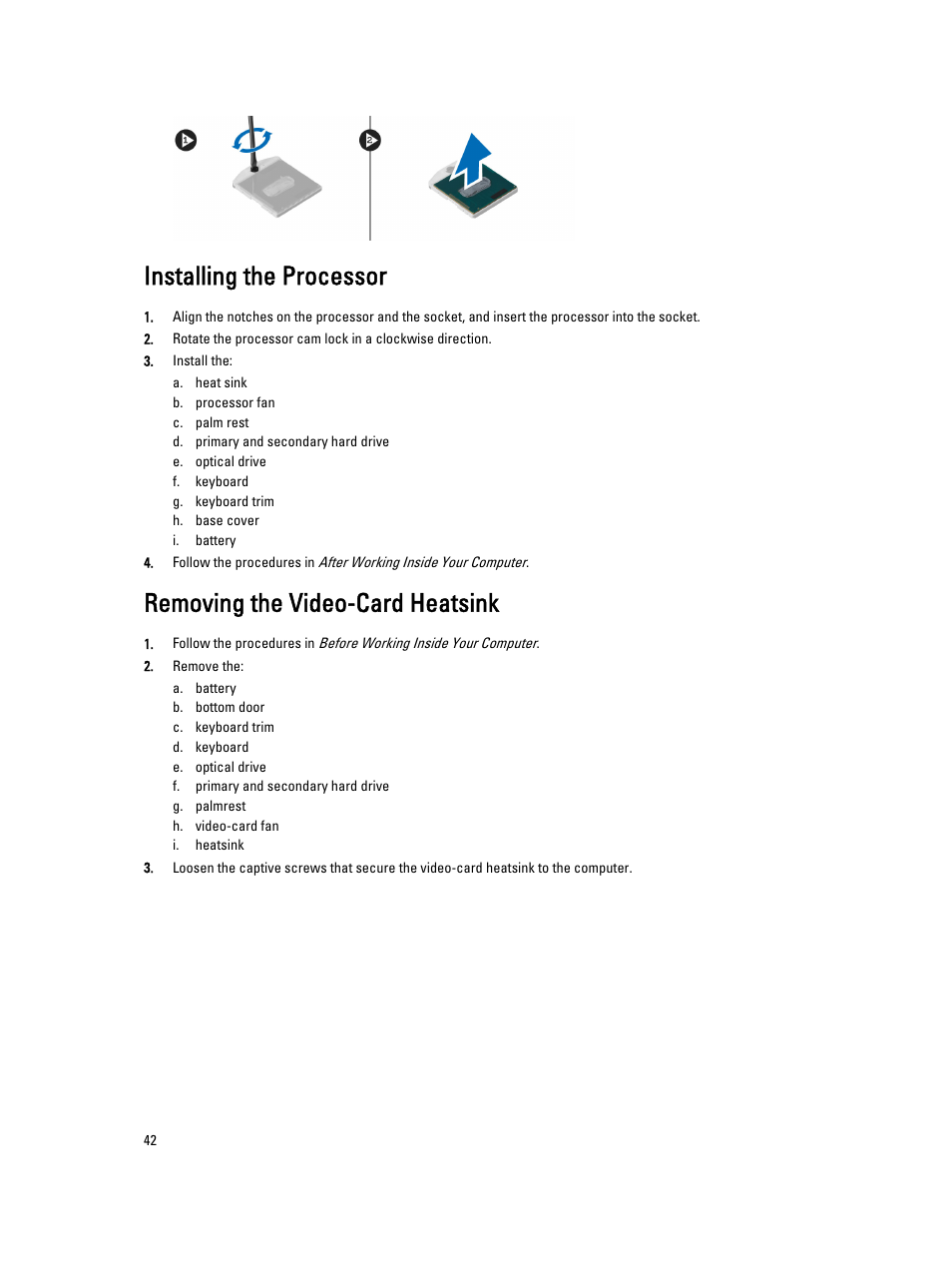 Installing the processor, Removing the video-card heatsink | Dell Precision M6700 (Mid 2012) User Manual | Page 42 / 79