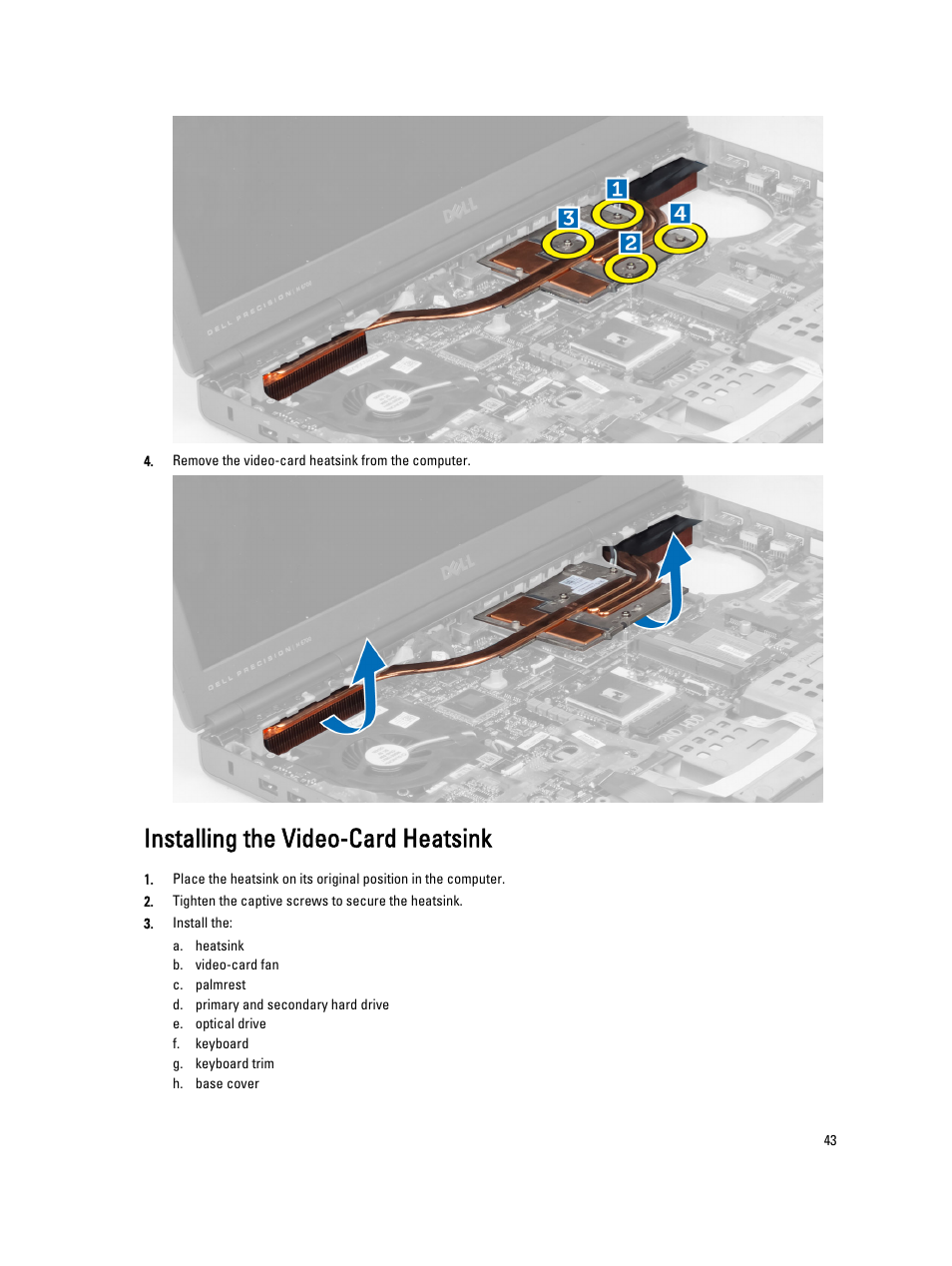 Installing the video-card heatsink | Dell Precision M6700 (Mid 2012) User Manual | Page 43 / 79