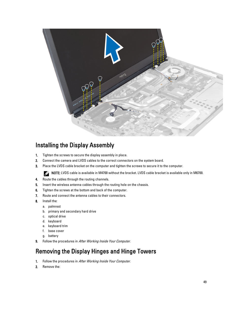 Installing the display assembly, Removing the display hinges and hinge towers | Dell Precision M6700 (Mid 2012) User Manual | Page 49 / 79