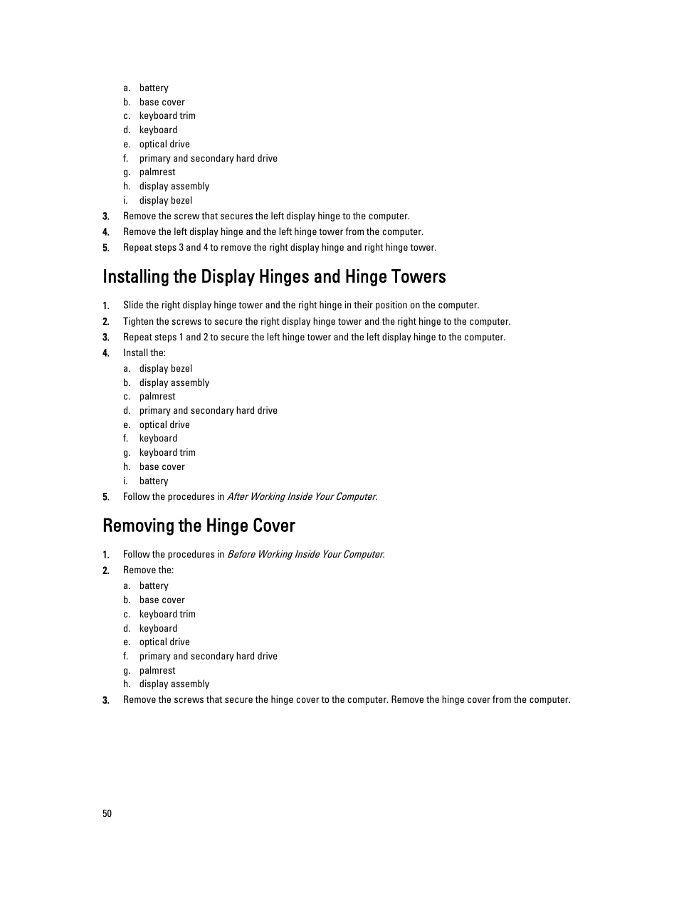 Installing the display hinges and hinge towers, Removing the hinge cover | Dell Precision M6700 (Mid 2012) User Manual | Page 50 / 79