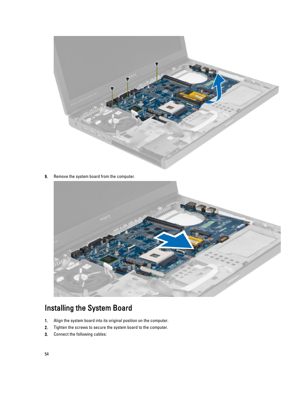 Installing the system board | Dell Precision M6700 (Mid 2012) User Manual | Page 54 / 79