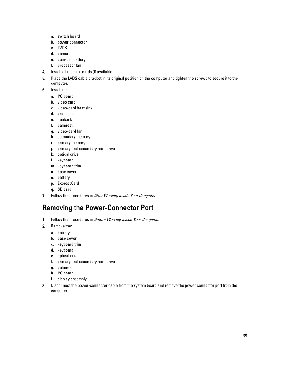 Removing the power-connector port | Dell Precision M6700 (Mid 2012) User Manual | Page 55 / 79