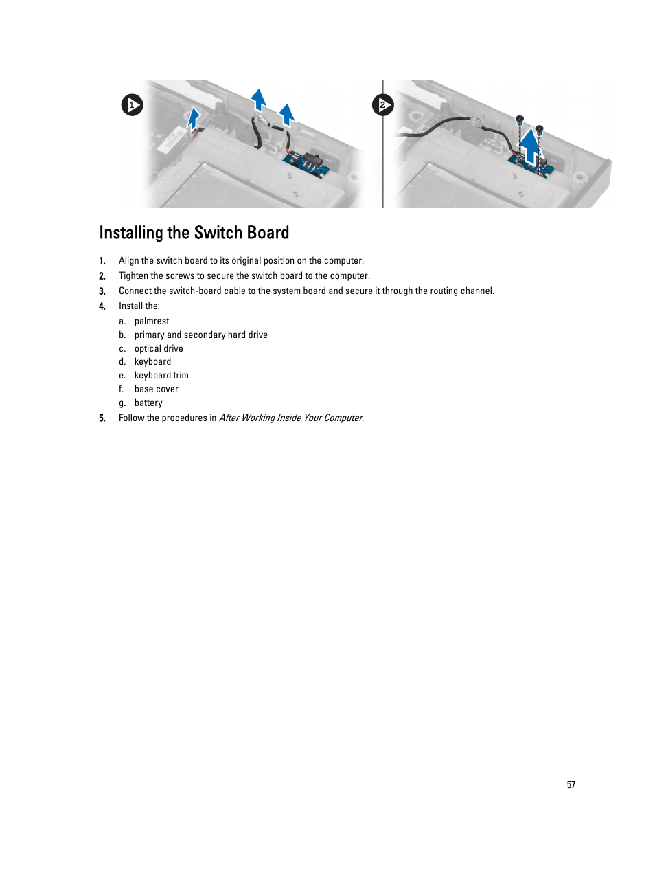 Installing the switch board | Dell Precision M6700 (Mid 2012) User Manual | Page 57 / 79