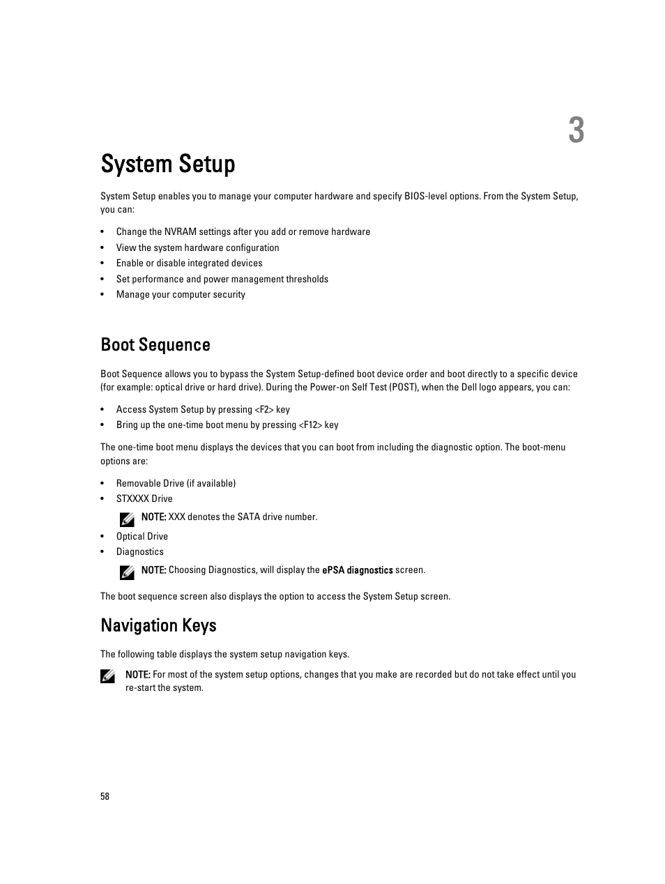 System setup, Boot sequence, Navigation keys | 3 system setup | Dell Precision M6700 (Mid 2012) User Manual | Page 58 / 79