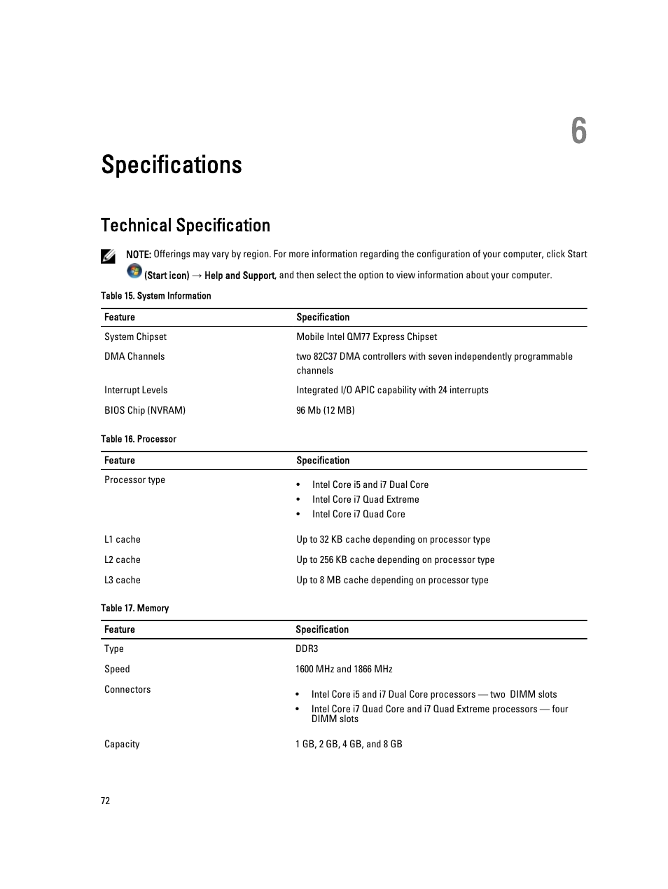 Specifications, Technical specification, 6 specifications | Dell Precision M6700 (Mid 2012) User Manual | Page 72 / 79