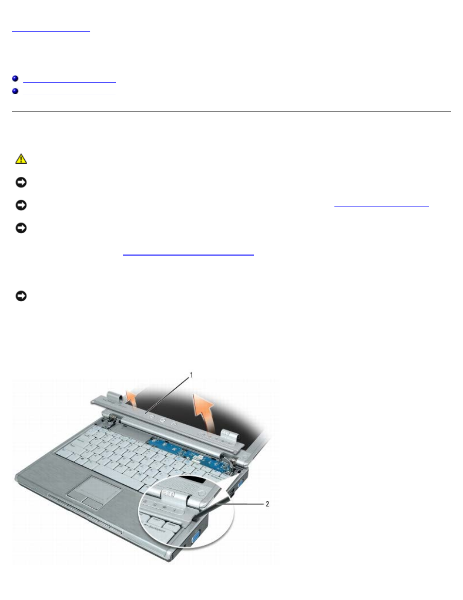 Hinge cover: dell xps m1210 service manual, Hinge cover, Removing the hinge cover | Dell XPS M1210 (MXC062, Mid 2006) User Manual | Page 22 / 57