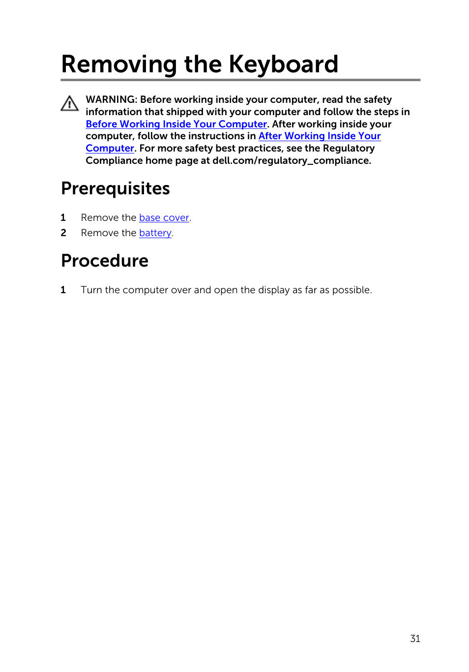 Removing the keyboard, Prerequisites, Procedure | Dell Inspiron 15 (5545, Mid 2014) User Manual | Page 31 / 93