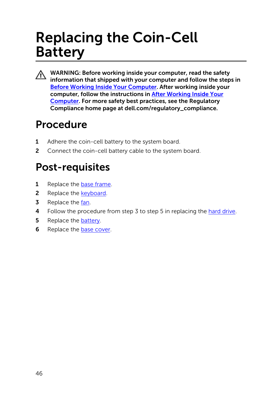 Replacing the coin-cell battery, Procedure, Post-requisites | Dell Inspiron 15 (5545, Mid 2014) User Manual | Page 46 / 93