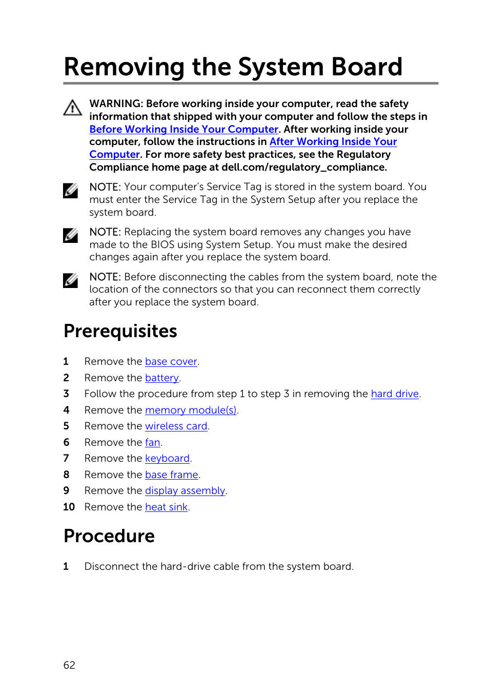 Removing the system board, Prerequisites, Procedure | Dell Inspiron 15 (5545, Mid 2014) User Manual | Page 62 / 93