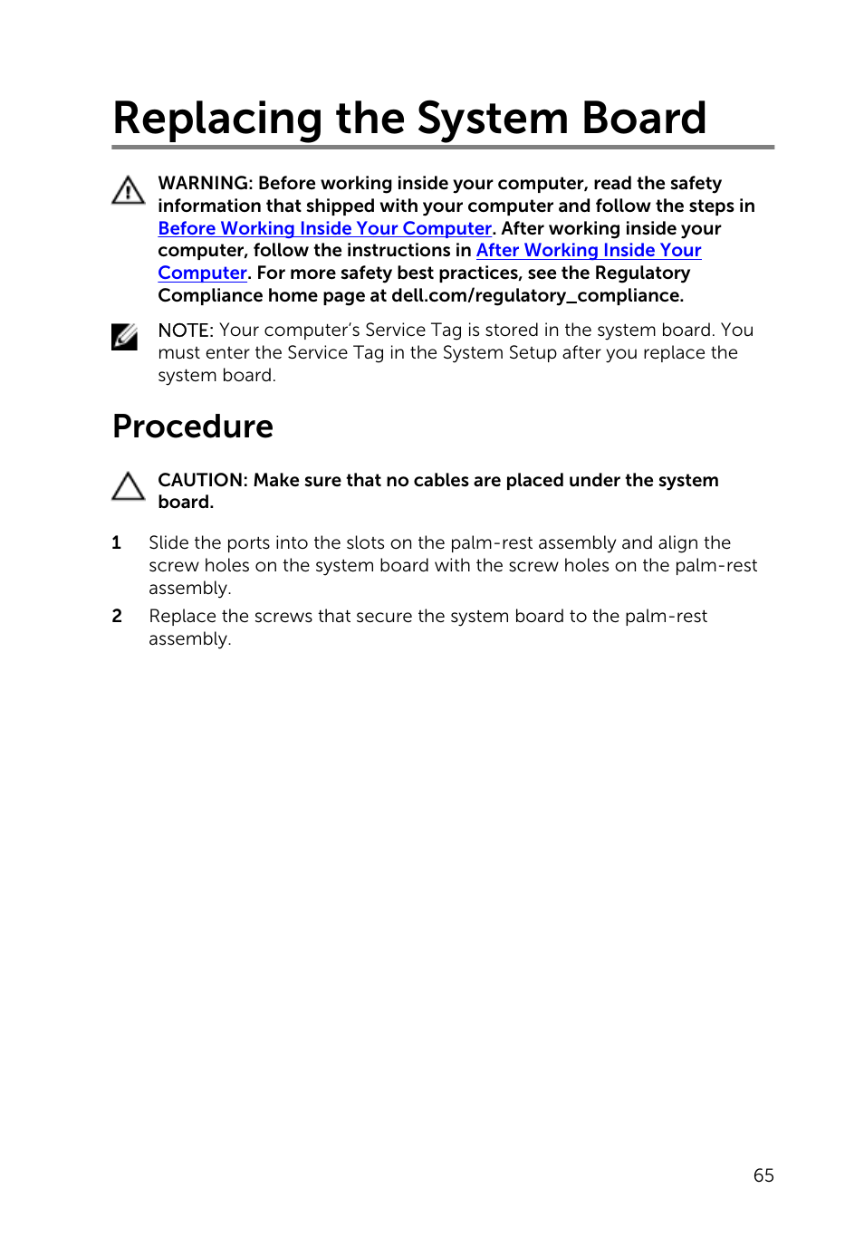 Replacing the system board, Procedure | Dell Inspiron 15 (5545, Mid 2014) User Manual | Page 65 / 93