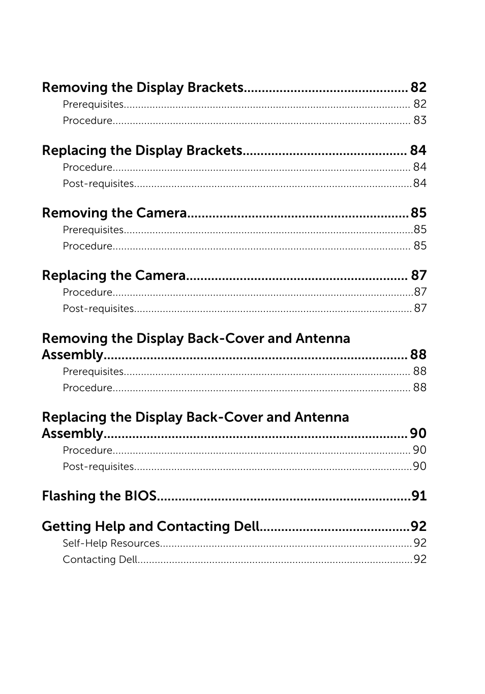 Removing the display brackets, Replacing the display brackets, Removing the camera | Replacing the camera, Flashing the bios getting help and contacting dell | Dell Inspiron 15 (5545, Mid 2014) User Manual | Page 8 / 93