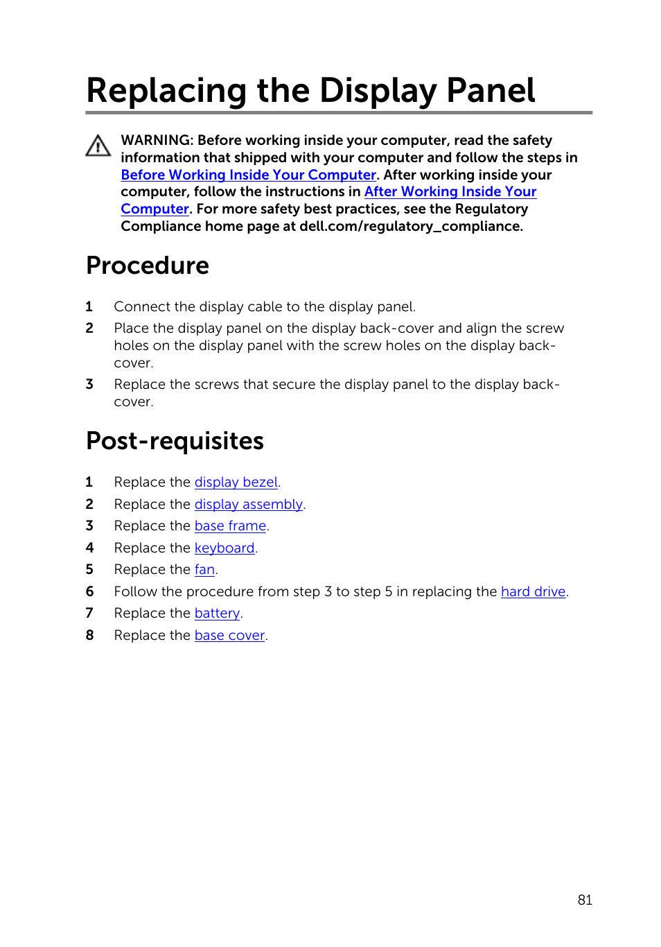 Replacing the display panel, Procedure, Post-requisites | Dell Inspiron 15 (5545, Mid 2014) User Manual | Page 81 / 93