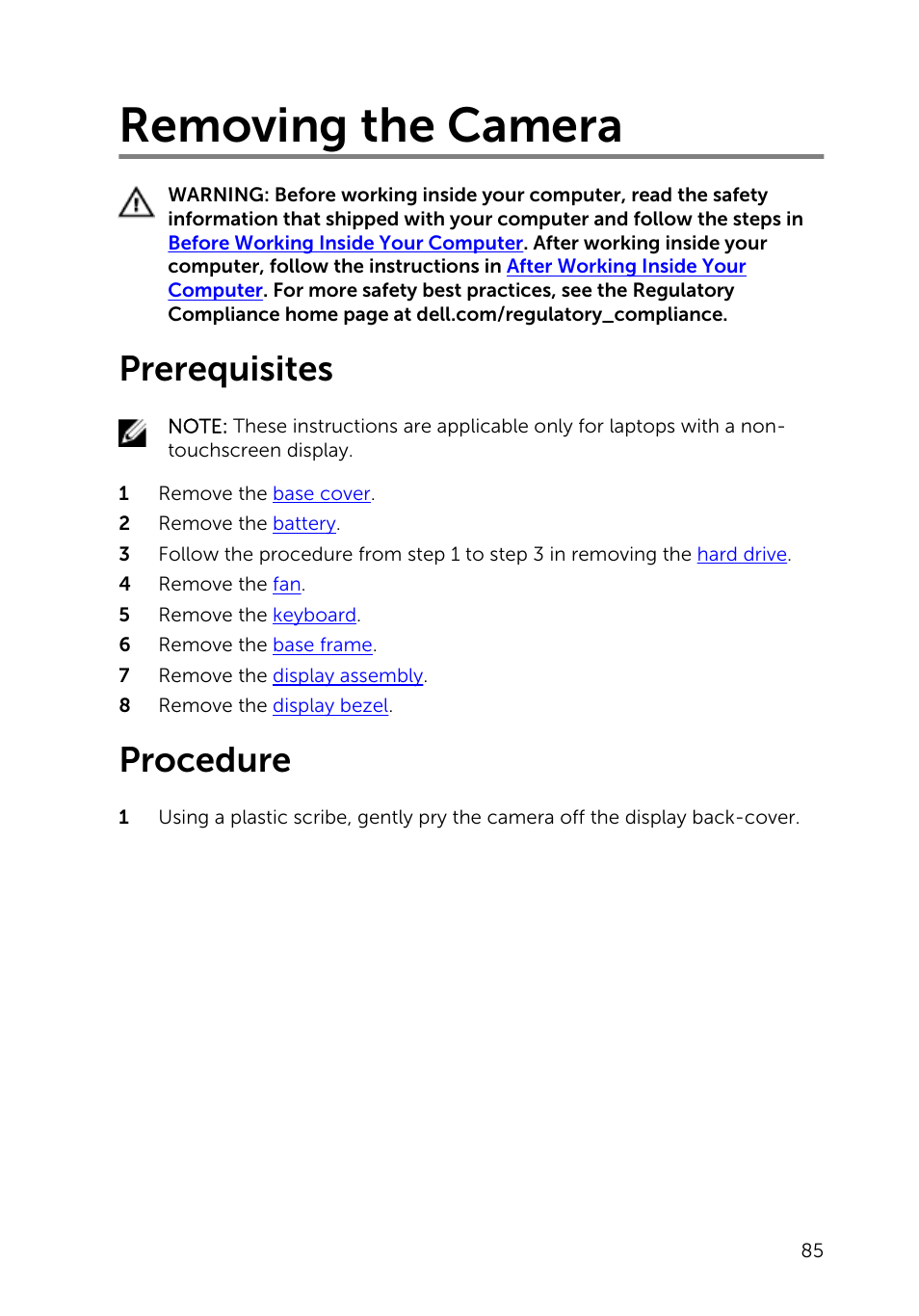 Removing the camera, Prerequisites, Procedure | Dell Inspiron 15 (5545, Mid 2014) User Manual | Page 85 / 93