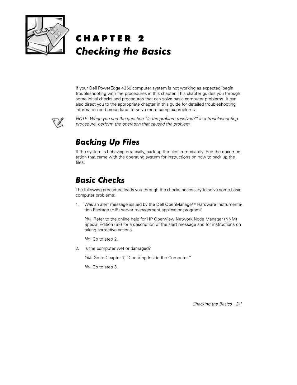 Chapter 2, Checking the basics, Baeldng up files | Basic cheeks, Backing up files -1, Basic checks -1 | Dell PowerEdge 4350 User Manual | Page 21 / 40