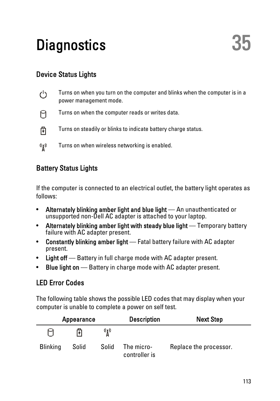 Diagnostics, Device status lights, Battery status lights | Led error codes, 35 diagnostics | Dell Latitude E6520 (Early 2011) User Manual | Page 113 / 117