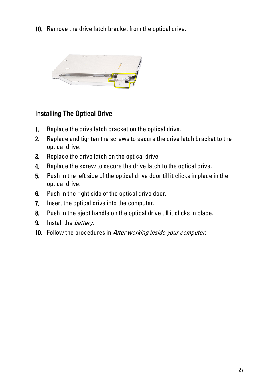Installing the optical drive | Dell Latitude E6520 (Early 2011) User Manual | Page 27 / 117