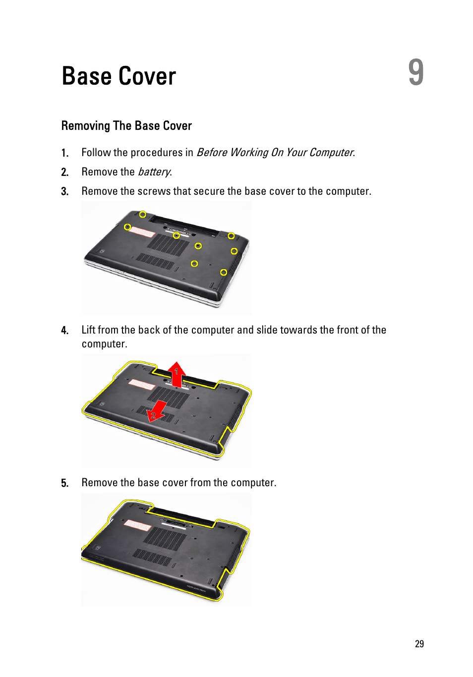 Base cover, Removing the base cover, 9 base cover | Dell Latitude E6520 (Early 2011) User Manual | Page 29 / 117