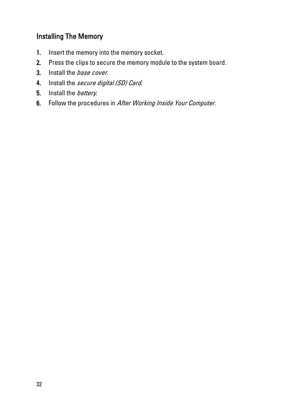 Installing the memory | Dell Latitude E6520 (Early 2011) User Manual | Page 32 / 117