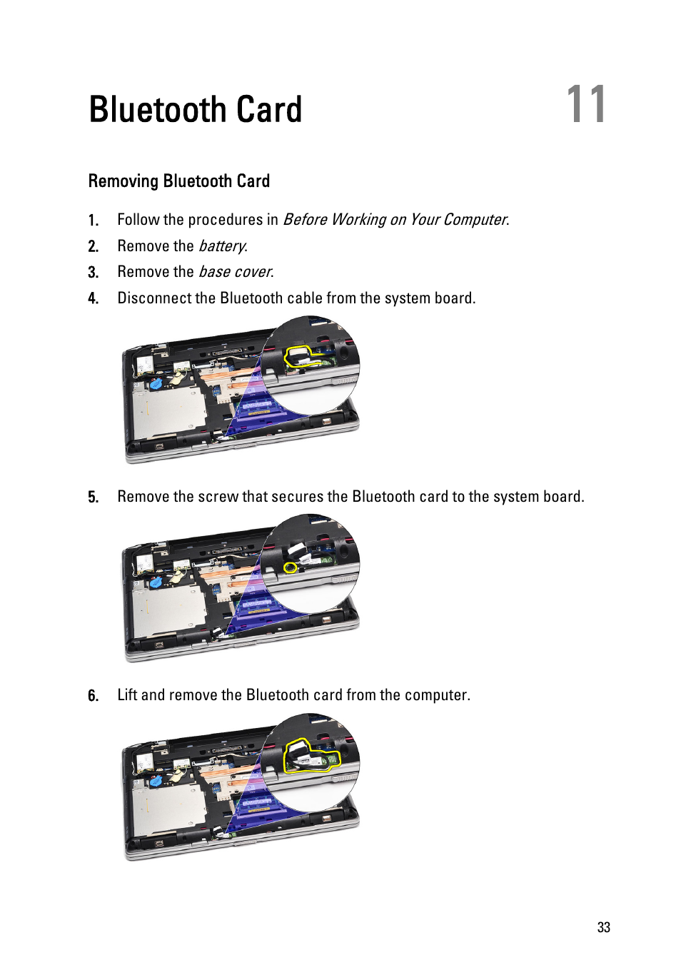 Bluetooth card, Removing bluetooth card, 11 bluetooth card | Dell Latitude E6520 (Early 2011) User Manual | Page 33 / 117