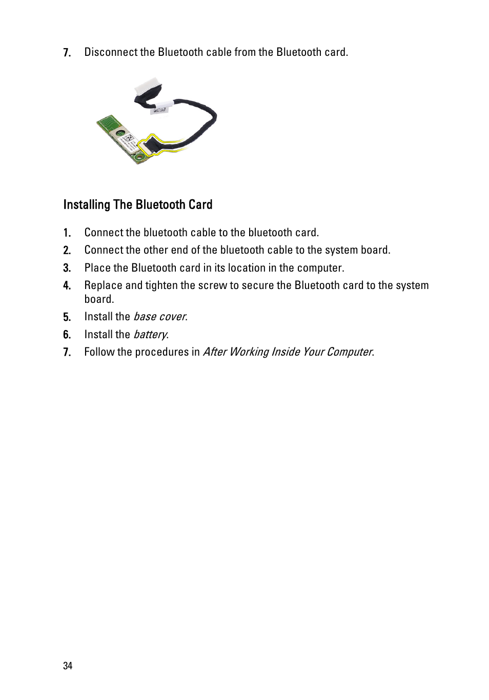 Installing the bluetooth card | Dell Latitude E6520 (Early 2011) User Manual | Page 34 / 117