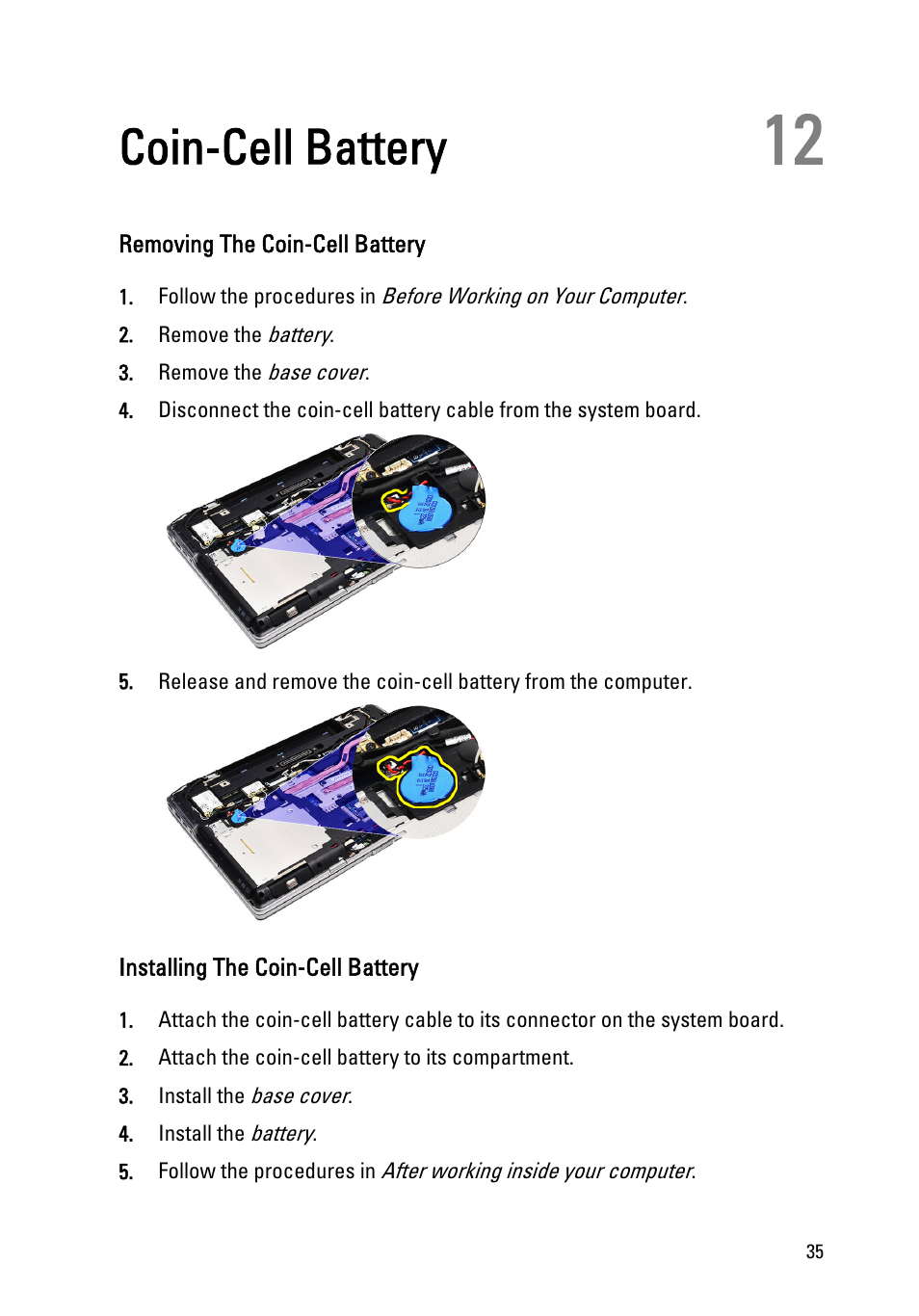 Coin-cell battery, Removing the coin-cell battery, Installing the coin-cell battery | 12 coin-cell battery | Dell Latitude E6520 (Early 2011) User Manual | Page 35 / 117