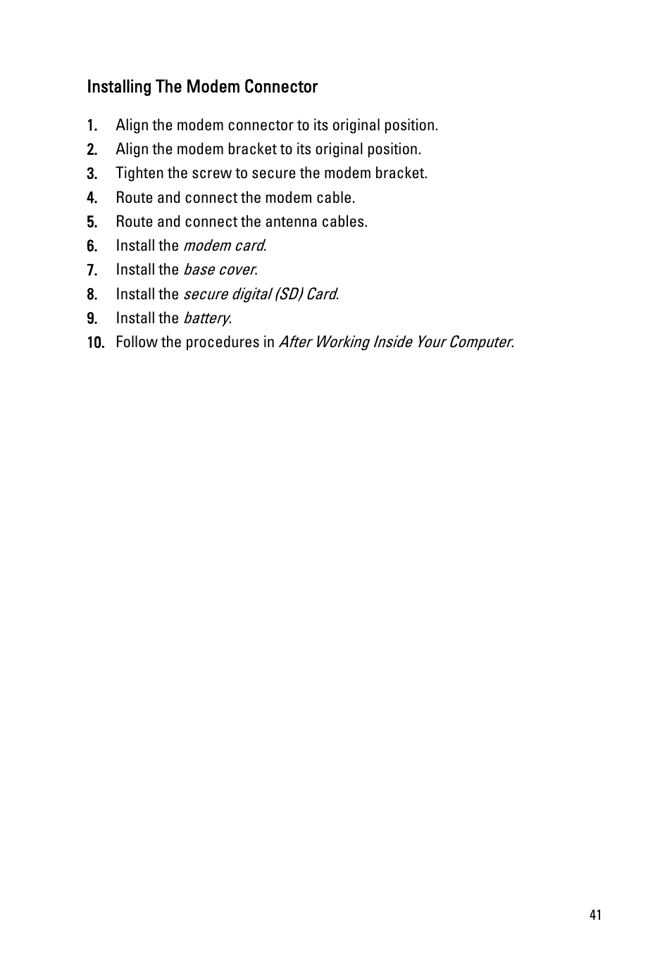Installing the modem connector | Dell Latitude E6520 (Early 2011) User Manual | Page 41 / 117