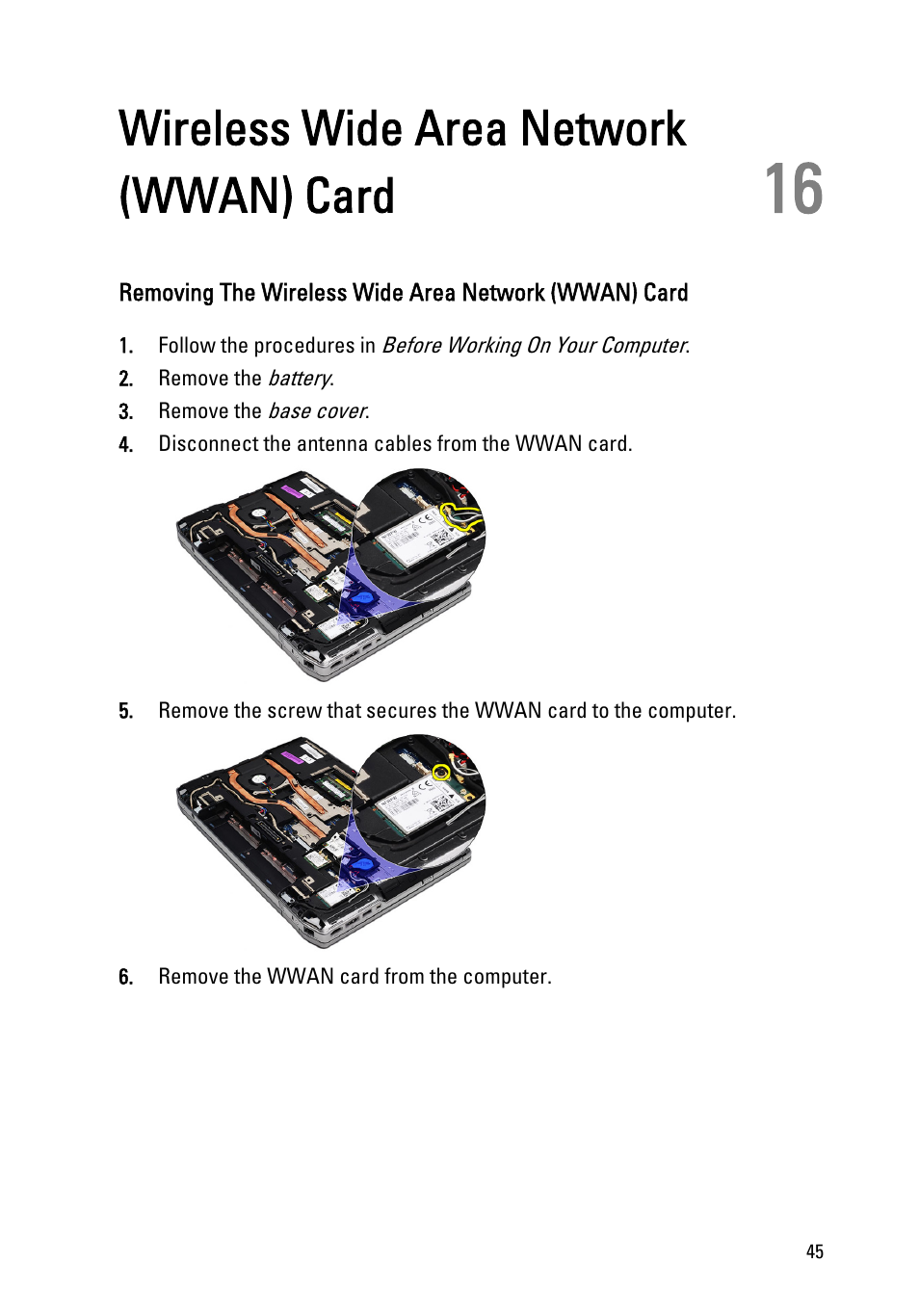 Wireless wide area network (wwan) card, 16 wireless wide area network (wwan) card | Dell Latitude E6520 (Early 2011) User Manual | Page 45 / 117
