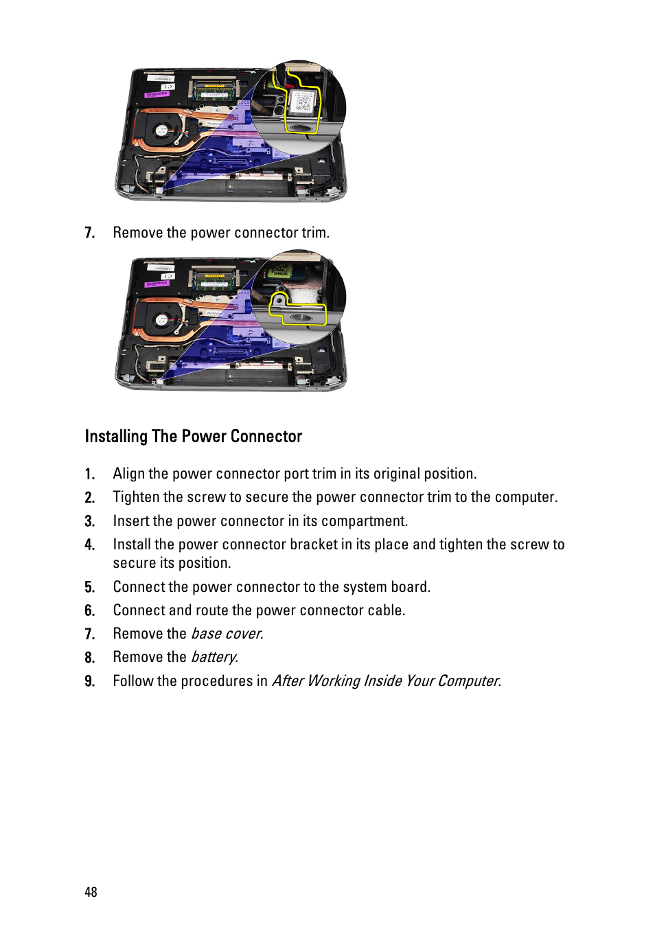 Installing the power connector | Dell Latitude E6520 (Early 2011) User Manual | Page 48 / 117