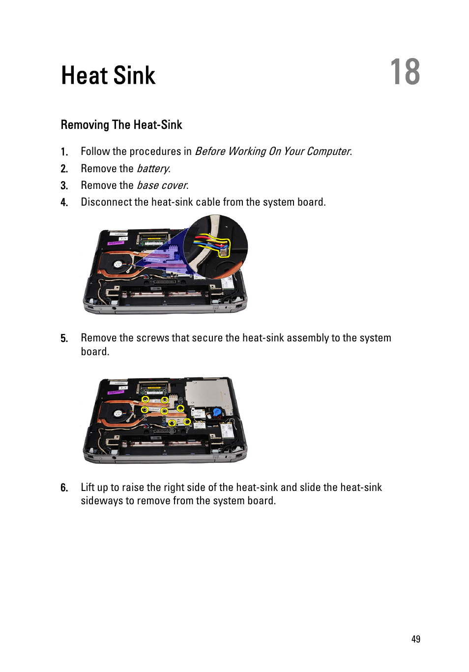 Heat sink, Removing the heat-sink, 18 heat sink | Dell Latitude E6520 (Early 2011) User Manual | Page 49 / 117