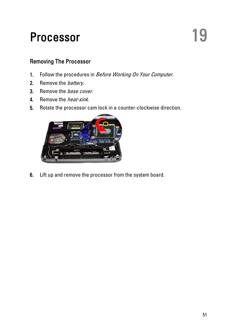 Processor, Removing the processor, 19 processor | Dell Latitude E6520 (Early 2011) User Manual | Page 51 / 117