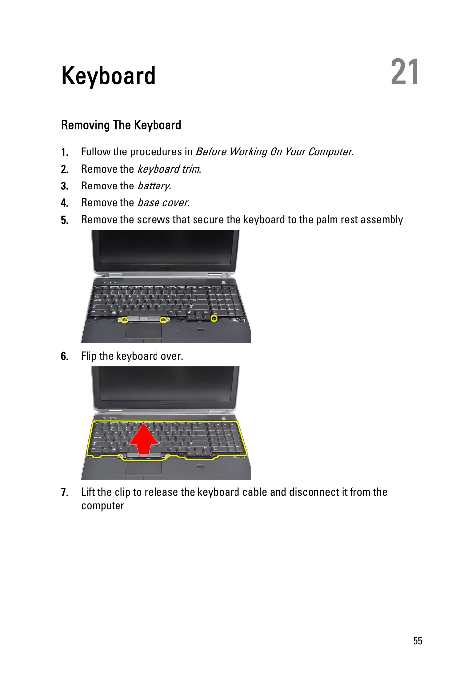 Keyboard, Removing the keyboard, 21 keyboard | Dell Latitude E6520 (Early 2011) User Manual | Page 55 / 117