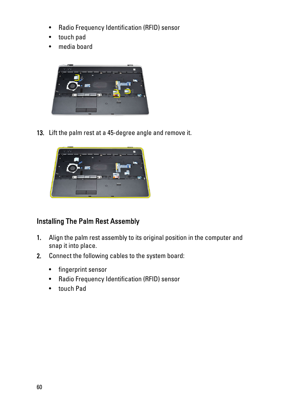Installing the palm rest assembly | Dell Latitude E6520 (Early 2011) User Manual | Page 60 / 117